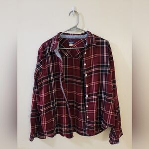 Basic Editions Men's Burgundy Plaid Button Down Shirt